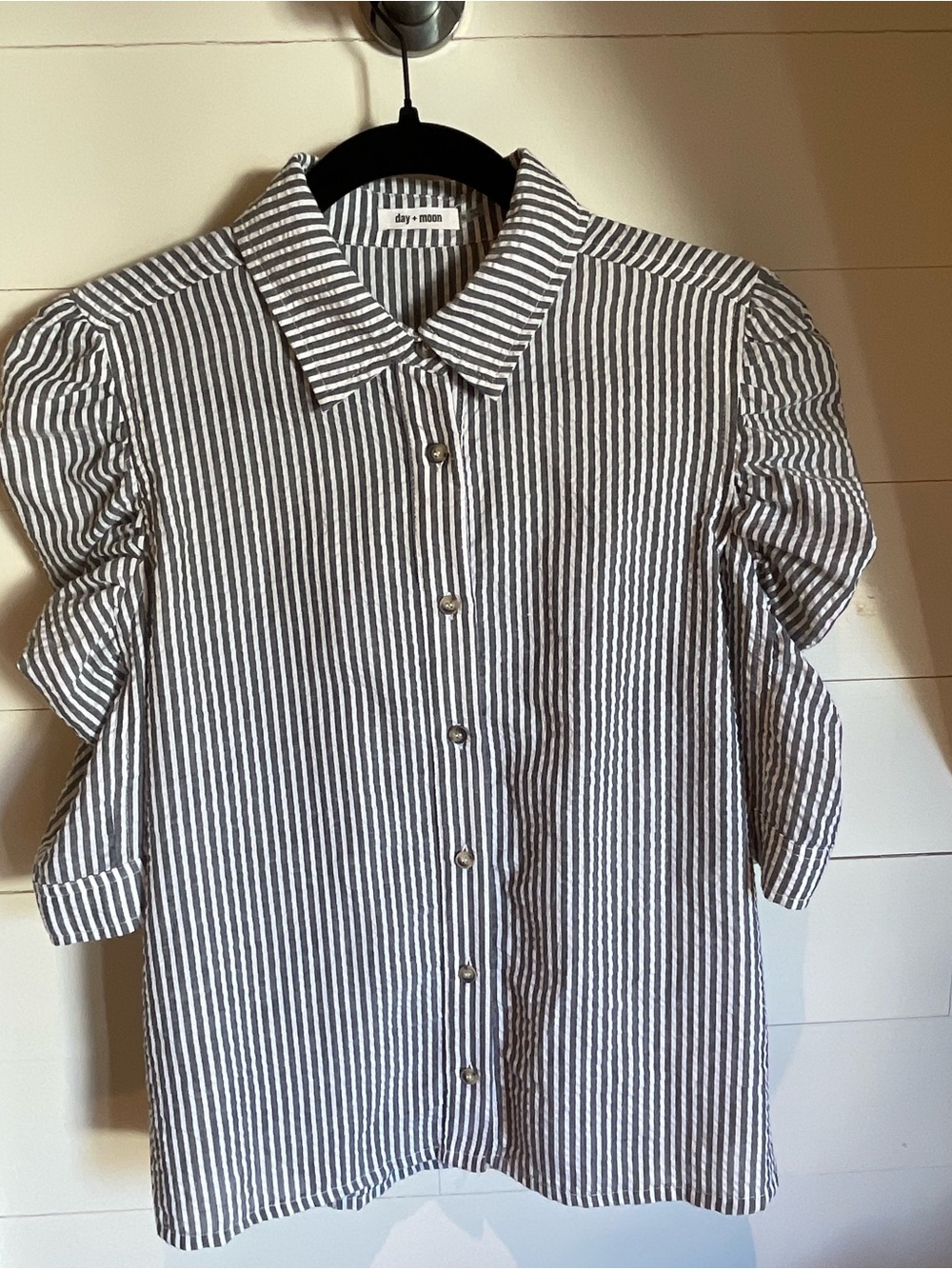 Striped Puff-Sleeve Button-Down Shirt — Day + Moon, Black & White